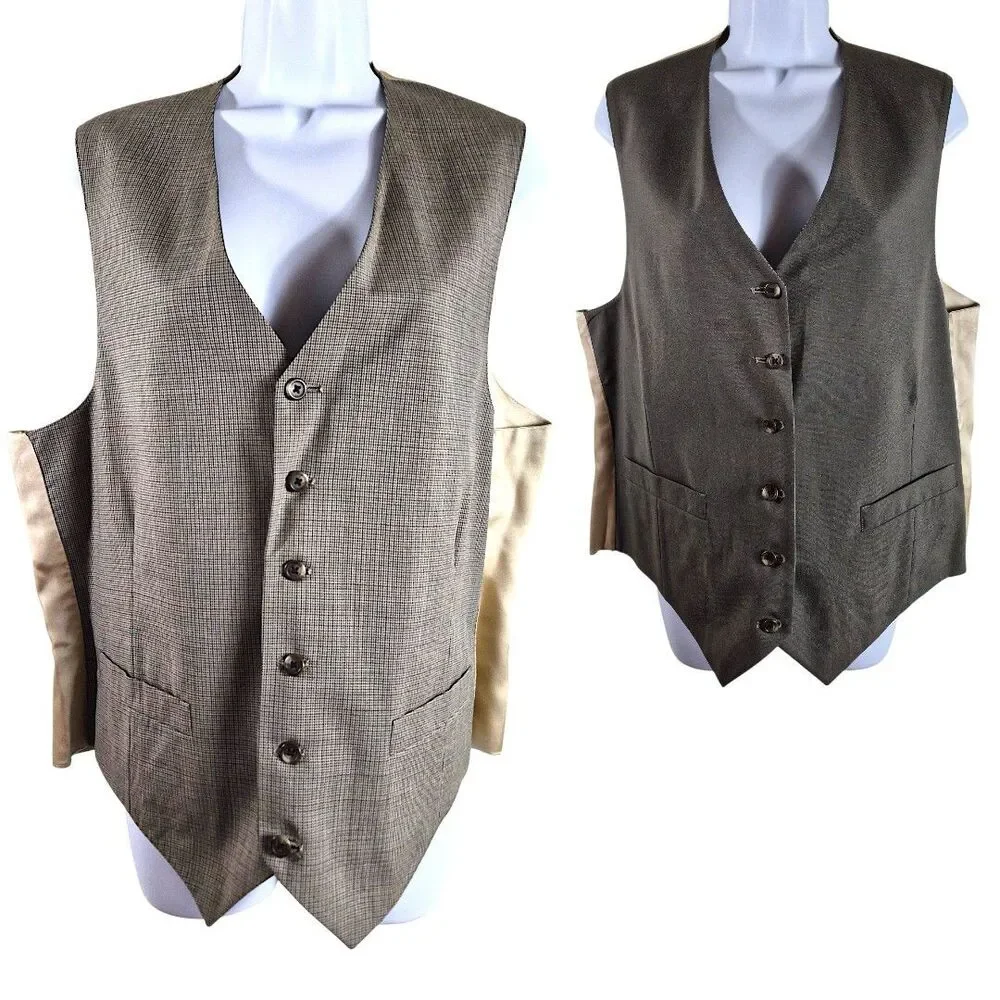 Vtg Tommy Hilfiger 42L Brown Houndstooth 3Pc Suit Set Old Money Academia Wedding